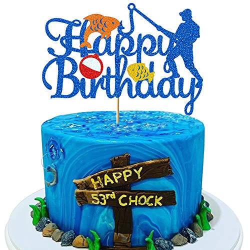 Glorymoment Fishing Cake Toppers Birthday, Glitter Blue Bobber