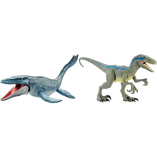 Jurassic World Toys Jurassic World Super Colossal Velociraptor Blue & Real Feel Mosasaurus, Colossal Velociraptor Blue & Mosasaurus