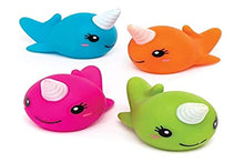 Load image into Gallery viewer, Baker Ross Ltd Narwhal Unicorn Water Squirters (Pack of 4) AW492, Assorted Floating Rubber Squirters Ideal for Bath Time or Water Activities

