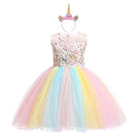 IZKIZF Girls Unicorn Costume Princess Tulle Dress w/Headband Birthday Pageant Party Carnival Cosplay Dress Up Outfits Rainbow 3-4T