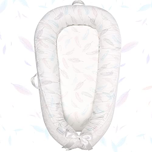 Mamibaby Baby Lounger Baby Nest,100% Cotton Breathable Soft Newborn Lounger,Portable Adjustable Baby Infant Floor Seat for Play,Tummy Time and Travel, for 0-8 Months Infant(White + Colorful Feather)
