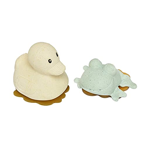 HEVEA Upcycled Rubberduck & Frog (Sand & Sage). Upcycled Rubber, Plant Based, Plastic-Free, Eco-Friendly & BPA-Free
