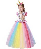 REXREII Halloween Costume Princess Rainbow Unicorn Long Tulle Dress w/Headband Girls Birthday Christmas Party Ball Gown 4-5T