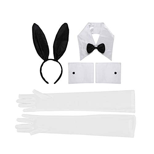 YOOJIA Women Flapper Bunny Costume Set with Rabbit Ears Headband Elbow Length Gloves Bowtie Collar Cuffs and Fur Tail Ball for Dress Up Party 6Pcs White One Size