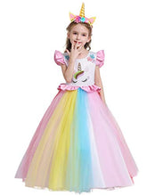 Load image into Gallery viewer, REXREII Halloween Costume Princess Rainbow Unicorn Long Tulle Dress w/Headband Girls Birthday Christmas Party Ball Gown 4-5T
