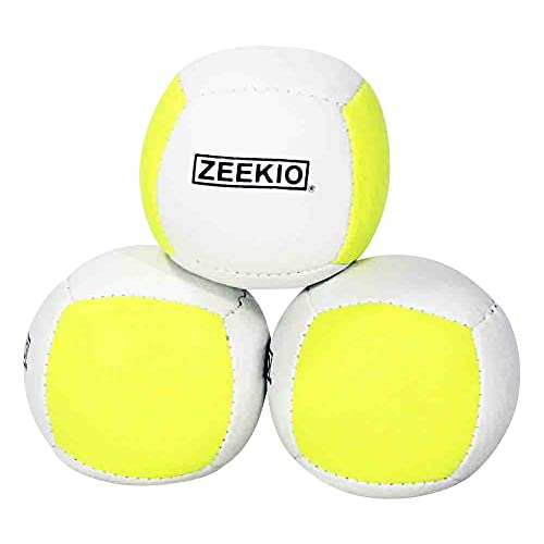 Zeekio Lunar Juggling Balls - [Set of 3], Professional UV Reactive, 6-Panel Balls, Synthetic Leather, Millet Filled, 110g Each, White/Yellow