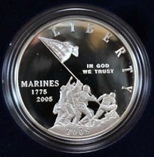 Load image into Gallery viewer, 2005 - U.S. MARINE CORPS 230TH ANNIVERSARY COMMEMORATIVE - PROOF SILVER DOLLAR COIN
