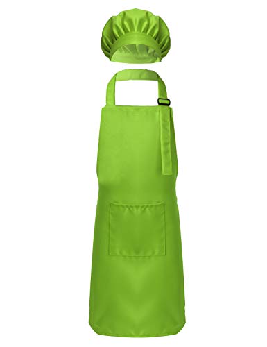 ACSUSS Kids Boys Girls Chef Apron and Hat Set Children Kitchen Cooking and Baking Costume Fancy Dress Up Green 4-8