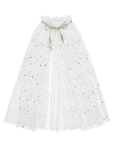 Freebily Kid Girls Sparkling Sequins Princess Snowflake Tulle Cape Tie Cloak for Halloween Birthday Cosplay Costume White 4-6
