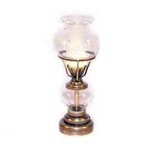 Load image into Gallery viewer, The Miniature Light Company Dolls House Victorian Oil Lamp Antique Gold Etched Glass Shade Electric Lighting
