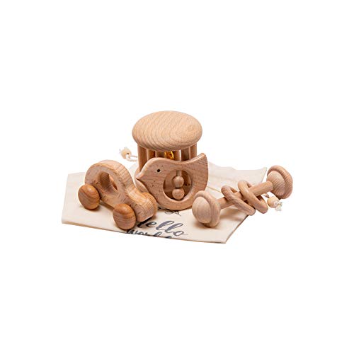 Wooden Baby Toys Montessori Toys Set Wooden Rattles Grasping Toys Wood Ring 4pcs,Car Toy Set