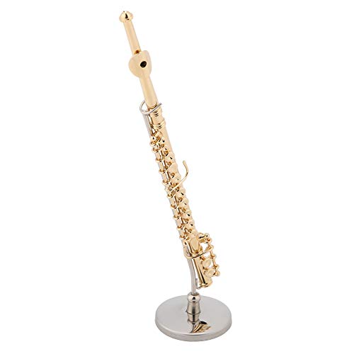 14cm Copper Mini Flute with Stand and Case,Gold Plated Miniature Musical Instrument Ornament Replica Dollhouse Model for Desk Shelf Home Decor Idea Gift