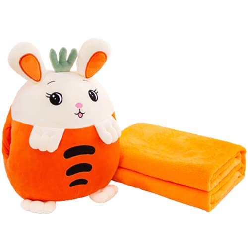 Travel Blanket and Pillow Set 4 in 1 Cute Cartoon Plush Stuffed Animal Fruit Toys Throw Pillow Blanket Set with Hand Warmer Design (Carrot,15in/40cm)
