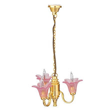 Load image into Gallery viewer, Melody Jane Dollhouse 3 Arm Chandelier Cranberry Pink Shades Up Miniature Electric Light
