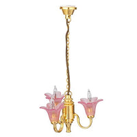Melody Jane Dollhouse 3 Arm Chandelier Cranberry Pink Shades Up Miniature Electric Light