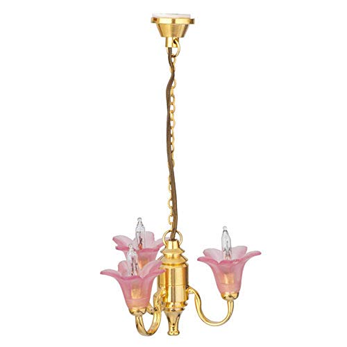 Melody Jane Dollhouse 3 Arm Chandelier Cranberry Pink Shades Up Miniature Electric Light