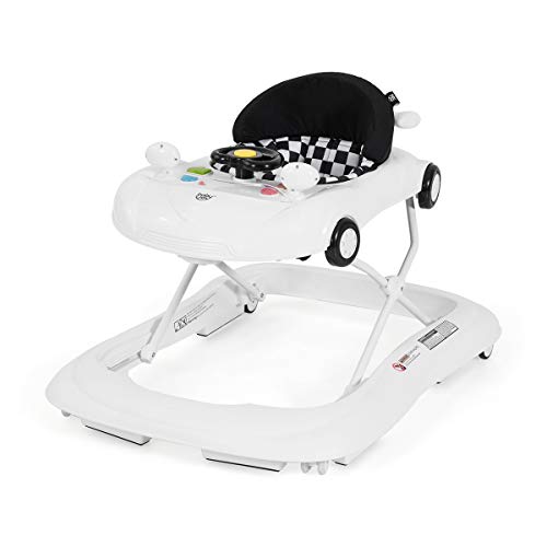 BABY JOY Baby Walker, Activity Walker with Adjustable Height & Lights, Music, Steering Wheel, Mirrors, Removable Play Tray to Food Tray, High Back Padded Seat, Compact Folding Design (White)