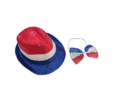 The Electric Mammoth Light Up Sequin Fedora And Bow Tie Combo - LED Flashing Men Women Unisex Party Accessory Fashion Hat - 3 Flashing Light Settings (July 4th)