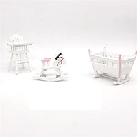 Lovely White 1:12 Scale Dollhouse Furniture Wooden Bedroom Set(3pcs)-Bassinette,Rocking Horse,Baby Chair
