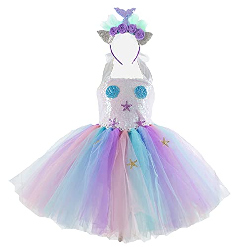 Mermaid Sequin Tutu Dress for Girls Unicorn Costume with Headband Handmade Rainbow Outfit for Party, Birthday