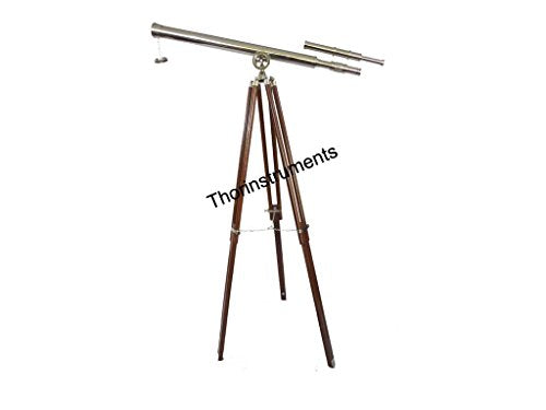 THORINSTRUMENTS (with device) Vintage Solid Brass Marine Navy Double Barrel Telescope Brown Wooden Tripod
