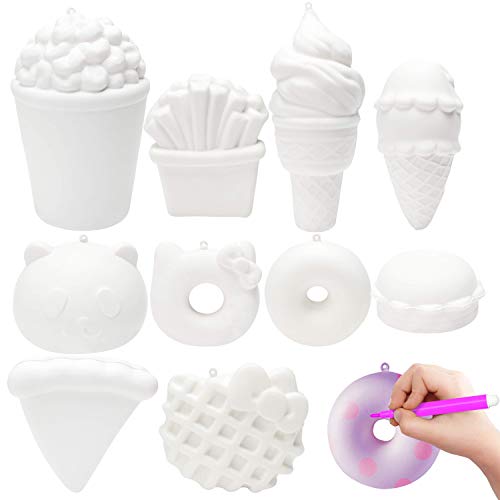 MALLMALL6 10Pcs DIY Slow Rising Food Noveltys Kit Blank Soft Squeeze Set Bulk Art Crafts Kits for Kids Dessert Ice Cream White to Paint 12 Color Pen Sweet Creamy Scented Soft Stress Relief Toys