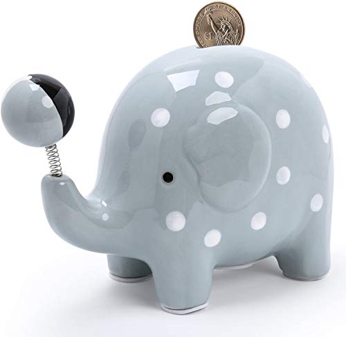 TOYSBBS Elephant with Interesting Spring Ball Ceramic Piggy Bank Coin Bank,Gray