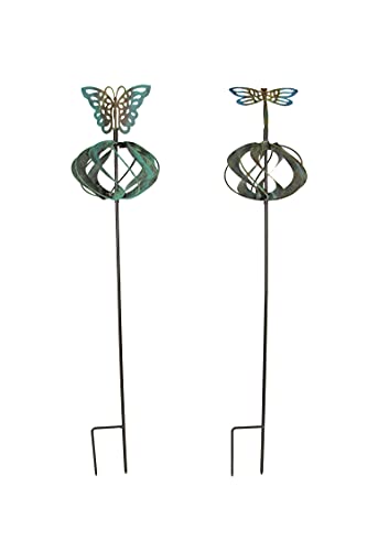 Things2Die4 Set of 2 Metal Garden Stake Wind Spinners Kinetic Yard Butterfly Dragonfly Sculptures, Multicolor, One Size