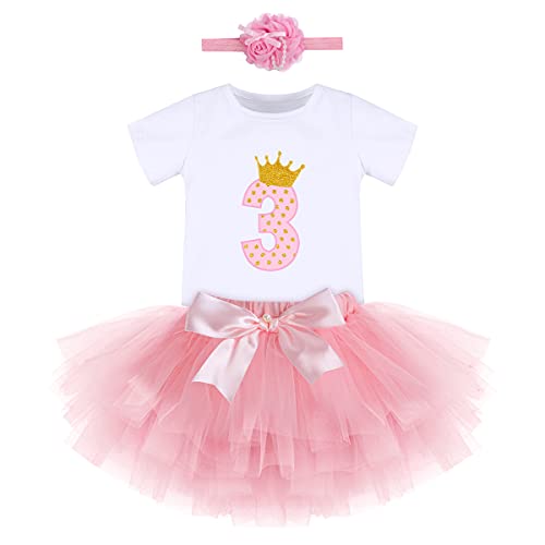 Baby Girls First Birthday Party Outfit Tutu Cake Smash Crown Ruffle Tulle Skirt Set Wild One W/Headband Princess Dress Costume for Photo Shoot Gold Pink-3rd Birthday 3