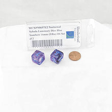 Load image into Gallery viewer, Nocturnal Nebula Luminary Dice with Blue Numbers 16mm (5/8in) D6 Set of 2 Wondertrail

