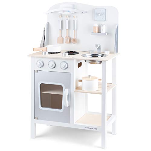 New Classic Toys White Wooden Pretend Play Toy Kitchen for Kids with Role Play Bon Appetit Included Accesoires, white/silver (11053)