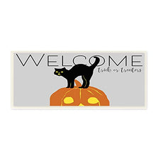Load image into Gallery viewer, Stupell Industries Welcome Trick Or Treaters Halloween Cat Pumpkin, Designed by Nicholas Biscardi Wall Plaque, 7 x 17, Grey
