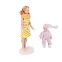 Load image into Gallery viewer, ZKS-KS Miniature Porcelain Woman Lady in Yellow Sweater Dress &amp; Sleeping Baby in Pink Sweater Dolls House People
