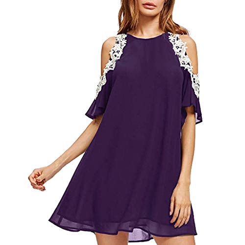 Dresses for Women Cold Shoulder Lace Trim Lightweight Chiffon Solid Color Flowy Straight Mini Summer Dress (M, Purple)