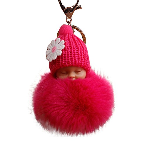 Aunimeifly Adorable Sleeping Baby Doll Fluffy Hair Ball Keychain Pompom Charm Keyrings Bags Pendant (Hot Pink)