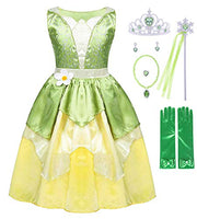 COTRIO Green Fairy Tale Fancy Dresses Girls Frog Princess Tiana Dress Toddler Kids Birthday Party Halloween Costume Outfits with Accessories Role Play Clothes Size 8 (7-8 Years, Green)