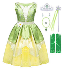 Load image into Gallery viewer, COTRIO Green Fairy Tale Fancy Dresses Girls Frog Princess Tiana Dress Toddler Kids Birthday Party Halloween Costume Outfits with Accessories Role Play Clothes Size 6 (5-6 Years, Green)

