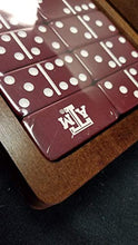 Load image into Gallery viewer, Texas A&amp;M Maroon Double Six Dominoes Tournament Size in Walnut Wood Gift Box
