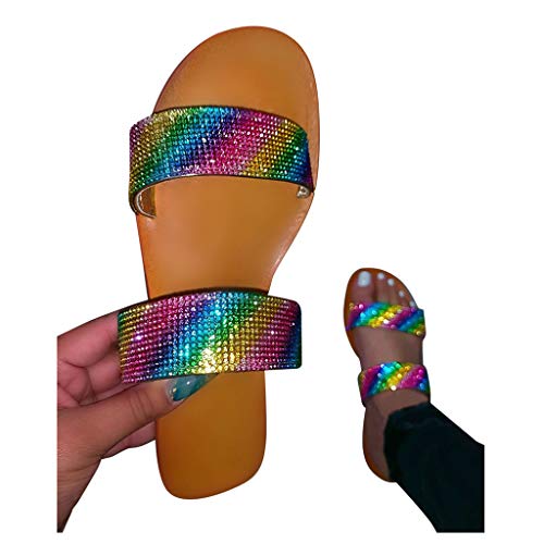 HIRIRI Women's Rhinestone Bling Sandals Strap Slip on Flat Beach Sandals Summer Flip-Flops Slippers