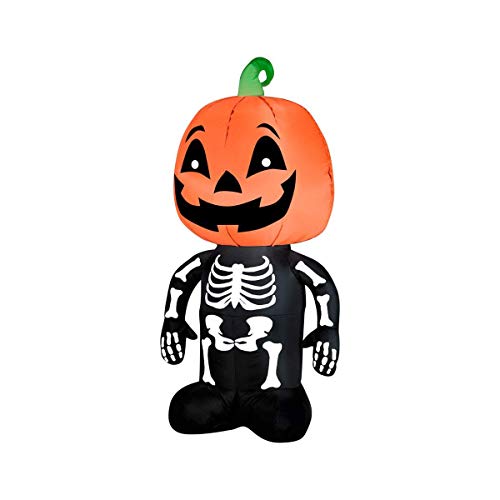 Gemmy Airblown Inflatable Skeleton Boy with a Pumpkin as His Head - Holiday Decoration, 3.5-foot Tall