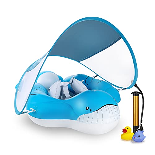 Yobeway Inflatable Baby Float with Canopy for Sun Protection, Safe Anti-Slip Bottom Support, Whale Tail Baby Swim Float Accessories with Air Pump & 2 Bath Pool Toys for 6-36M.
