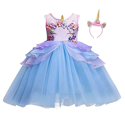 MYRISAM Girls Unicorn Birthday Tulle DressPrincess Pageant Party Halloween Outfits Carnival Dress up Fancy Costume Blue 6-7T