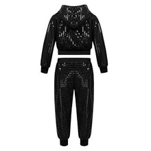 Load image into Gallery viewer, Agoky Children Girls Sequins Hip Hop Modern Jazz Street Dance Costume Outfit Kids Stage Performances Clothes Black Hooded Set 10-12
