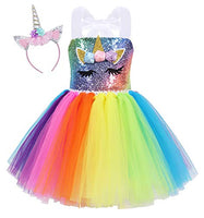 HenzWorld Baby Girls Dresses Costume Rainbow Unicorn Horn Headband Clothes Princess Birthday Party Halloween Cosplay Tutu Outfits Toddler Kids 2-3 Years