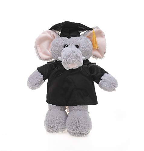 Plushland Elephant Plush Stuffed Animal Toys Present Gifts for Graduation Day, Personalized Text, Name or Your School Logo on Gown, Best for Any Grad School Kids 12 Inches(Black Cap and Gown)