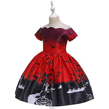 Load image into Gallery viewer, Quenny one Shoulder Performance Dress,Halloween Pumpkin anf bat Printed Princess Dress with hat.3 Pieces. (Small) Red
