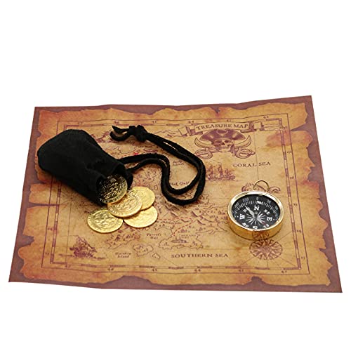 Mythrojan Pirate Set : Treasure Map, Brass Functional Compass, and 5 Brass Coins with Black Trinket Suede Leather Bag