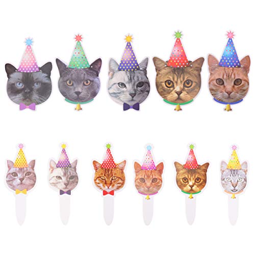 NUOBESTY 12pcs Cat Cupcake Toppers Cat Birthday Bunting Cartoon Cat Head Cake Cupcake Picks for Cat Kitten Birthday Party Supplies Party Decorations