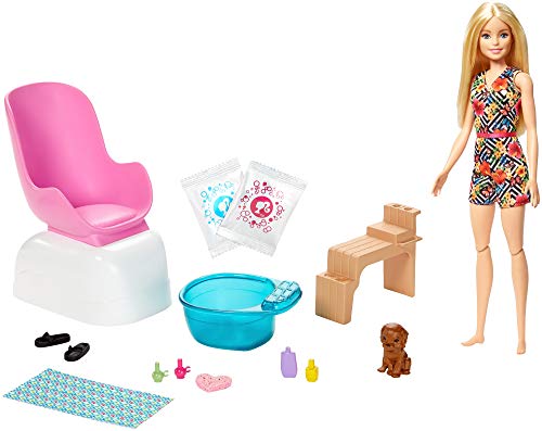 Barbie Mani-Pedi Spa Playset with Blonde Barbie Doll, Puppy, Foot Spa & Accessories, 2 Fizzy Packs Create Foaming Foot Bath, Color-Change on Dolls Nails, Gift for Kids 3 to 7 Years Old?