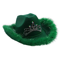 Load image into Gallery viewer, Green Blinking Light Up Tiara Felt Cowboy Cowgirl Dress Up Hat With Feather Trim - Perfect for Christmas, St Patrick&#39;s and Mardi Gras Party
